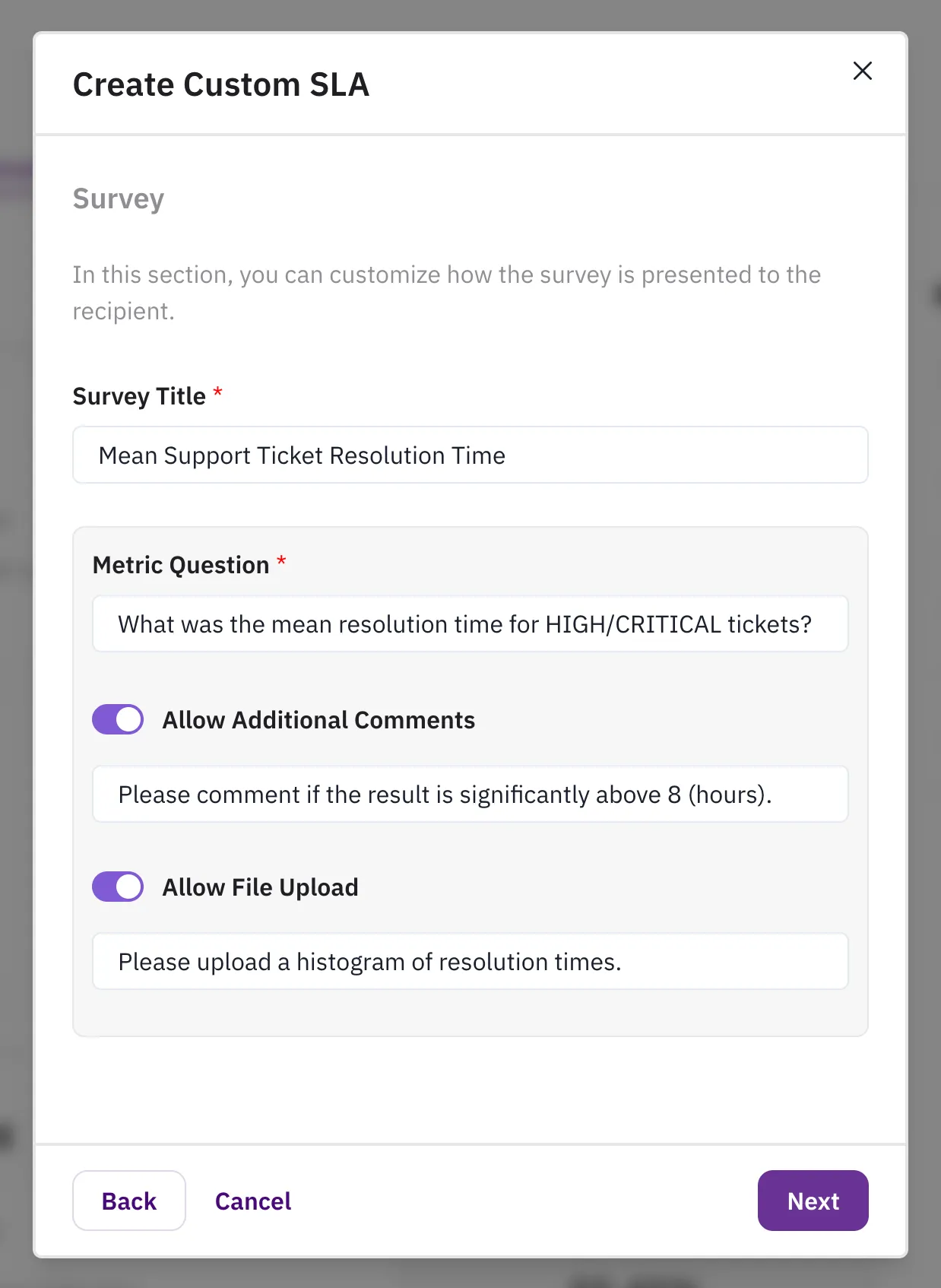 Create custom SLA modal, page 2