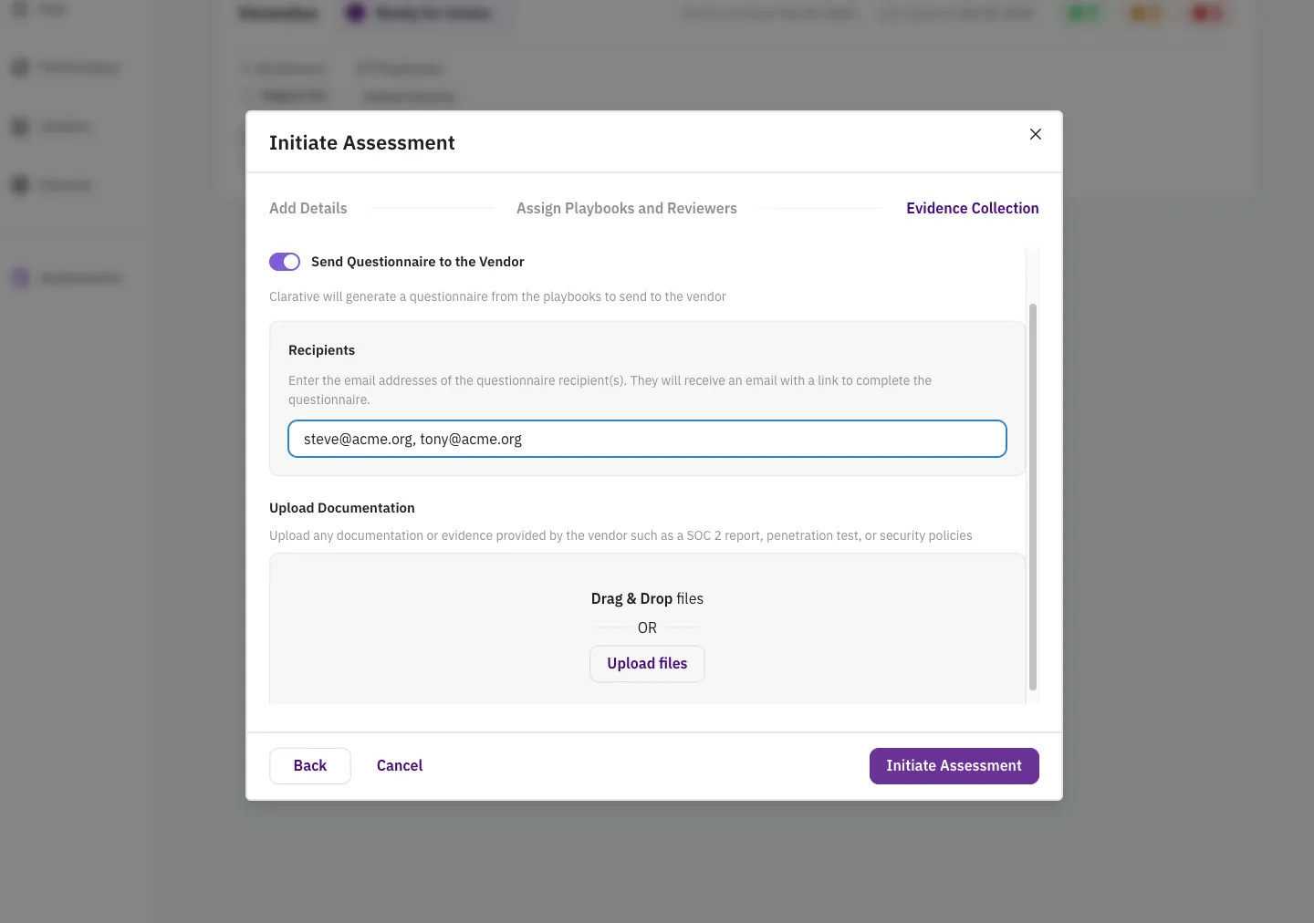 Kick off a vendor assessment